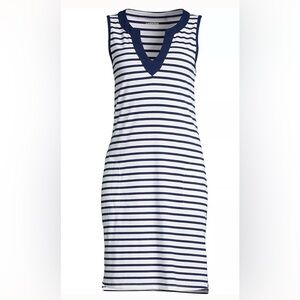Lands End Cotton Jersey Sleeveless Swim Coverup Dress Print XS Navy White Stripe